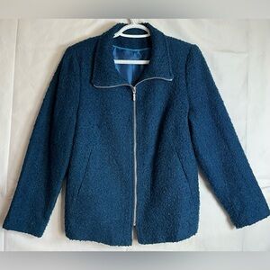 Blue Textured Zip-Up Jacket | Bouclé Knit Wool Blend